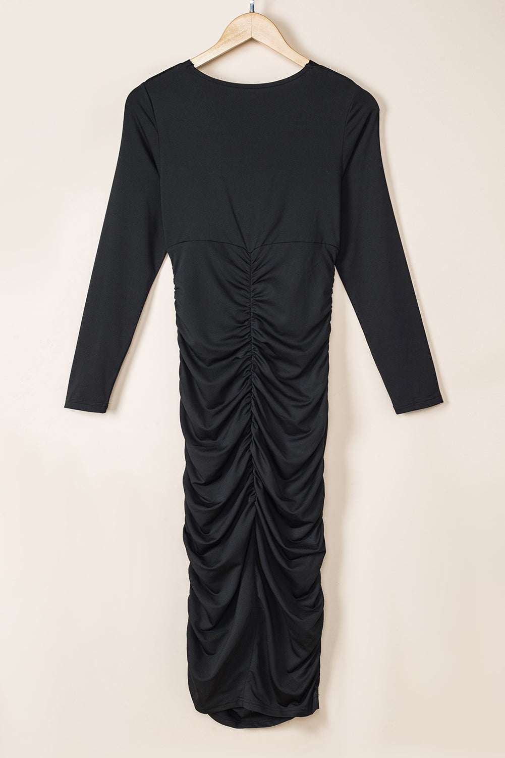 Black Long Sleeves Wrap V Neck Ruched Sheath Midi Dress