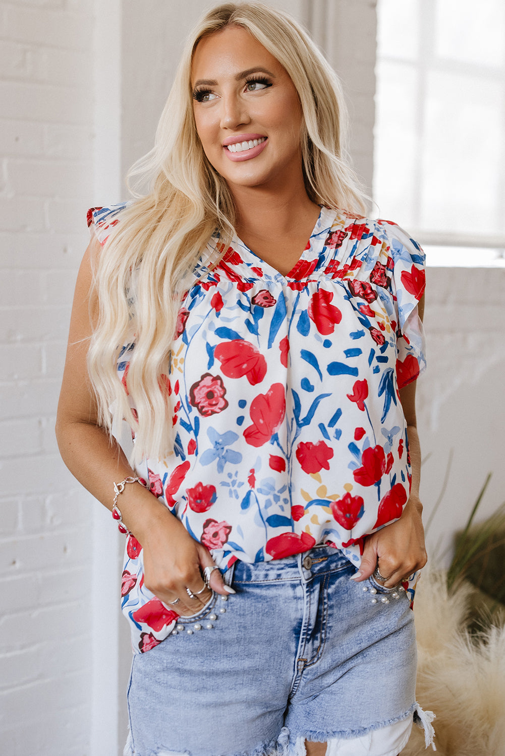Red Flowers Pintuck Detail V-Neck Ruffled Sleeve Top