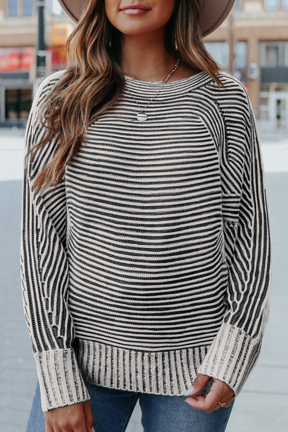 Black Striped Print Ribbed Knit Boat Neck Baggy Sweater