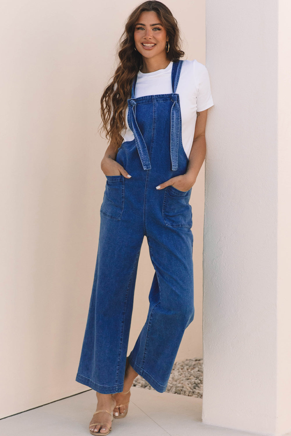 Prussian Blue Mineral Wash Knotted Strap Patched Pocket Wide Leg Denim Overall
