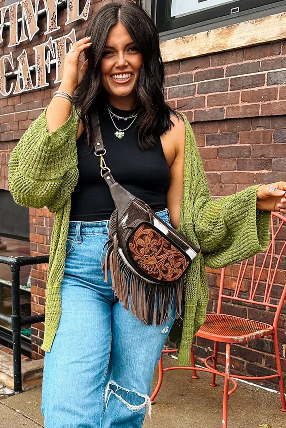 Spinach Green Oversize Crochet Knit Open Cardigan