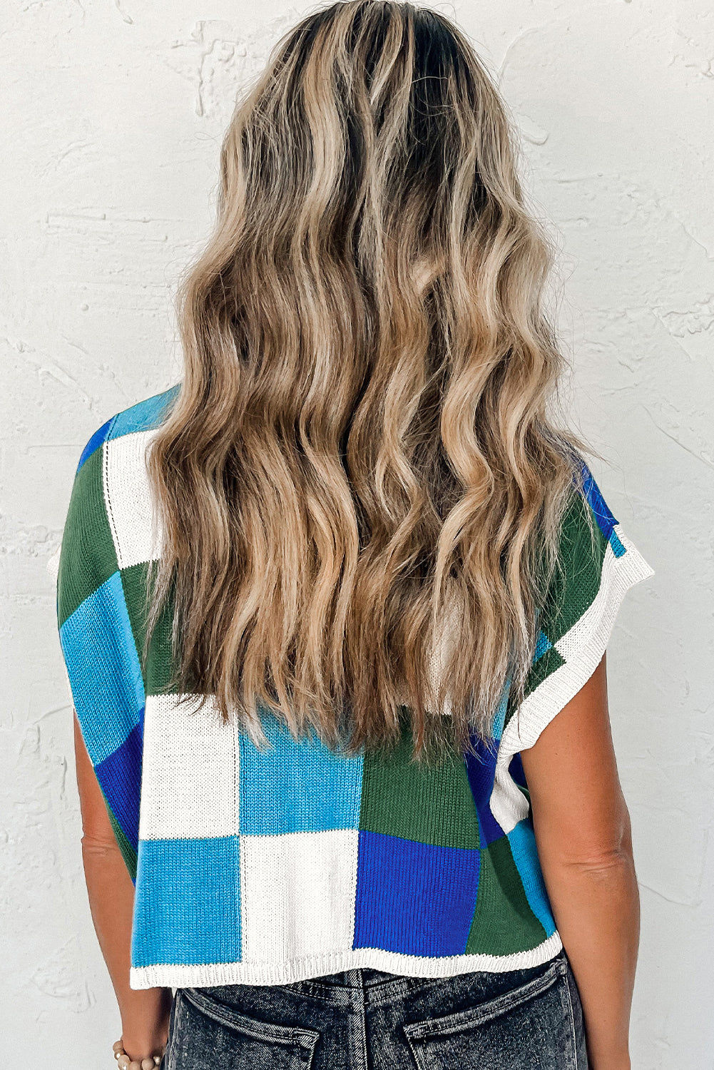 Dark Blue Color Block Cap Sleeve Sweater