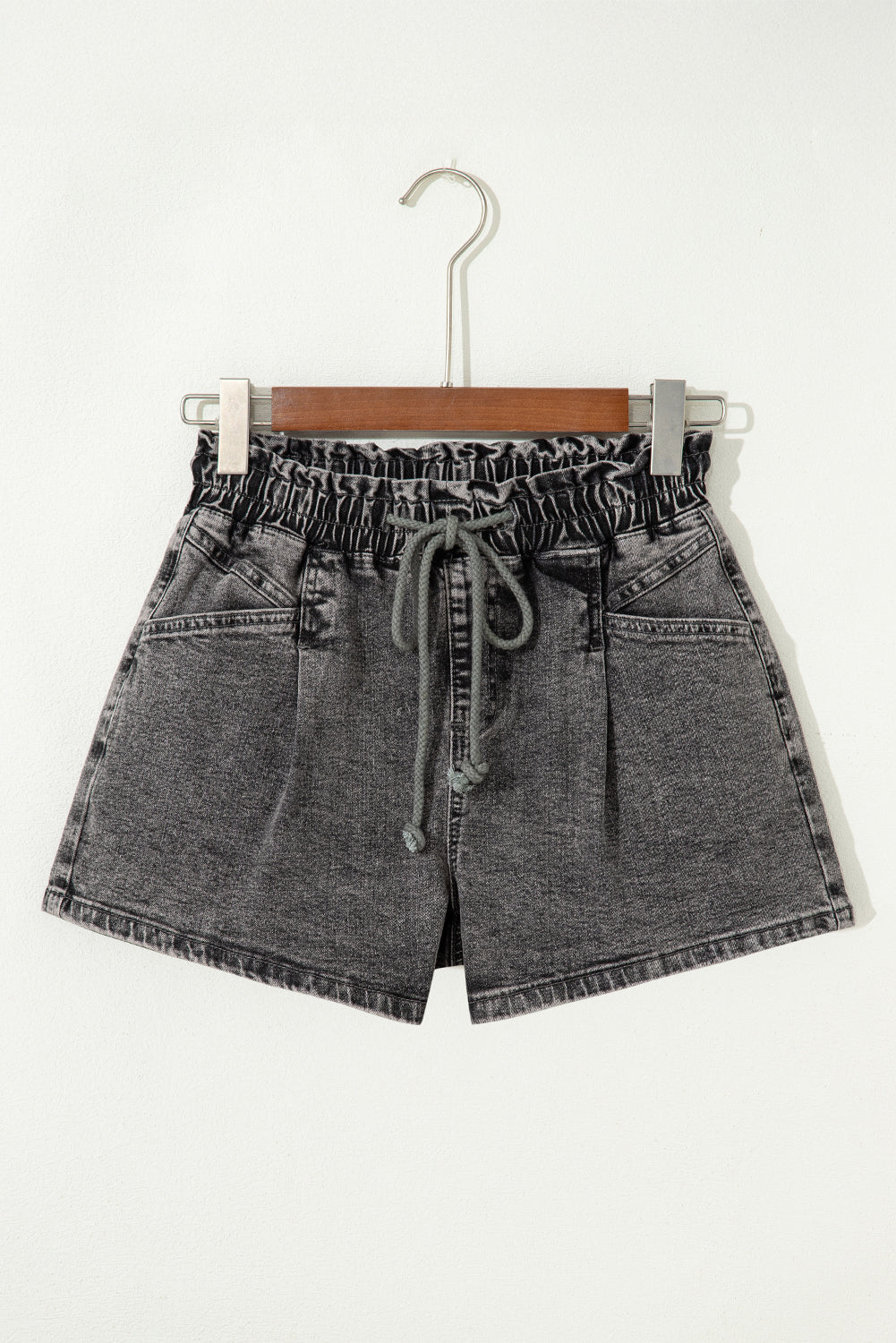 High Drawstring Elastic Waistband Casual Denim Shorts with Pockets