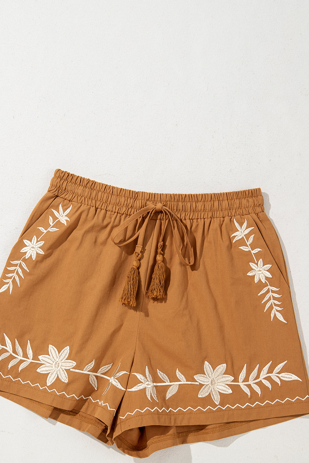 Khaki Embroidered Boho Tasseled Drawstring Elastic Waistband Casual shorts