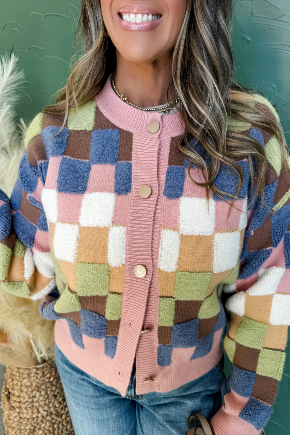 Multicolour Plush Checkered Pattern Button Front Cardigan Sweater