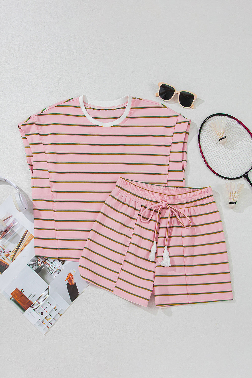 Pink Stripe Wide Short Sleeve Tee and Short Set