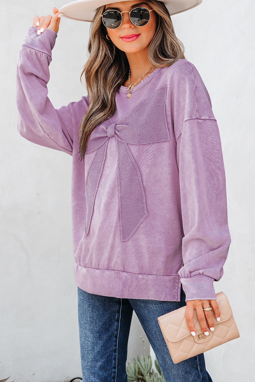 Bright Pink Mineral Wash Big Bow Patchwork Pullover Sweatshirt
