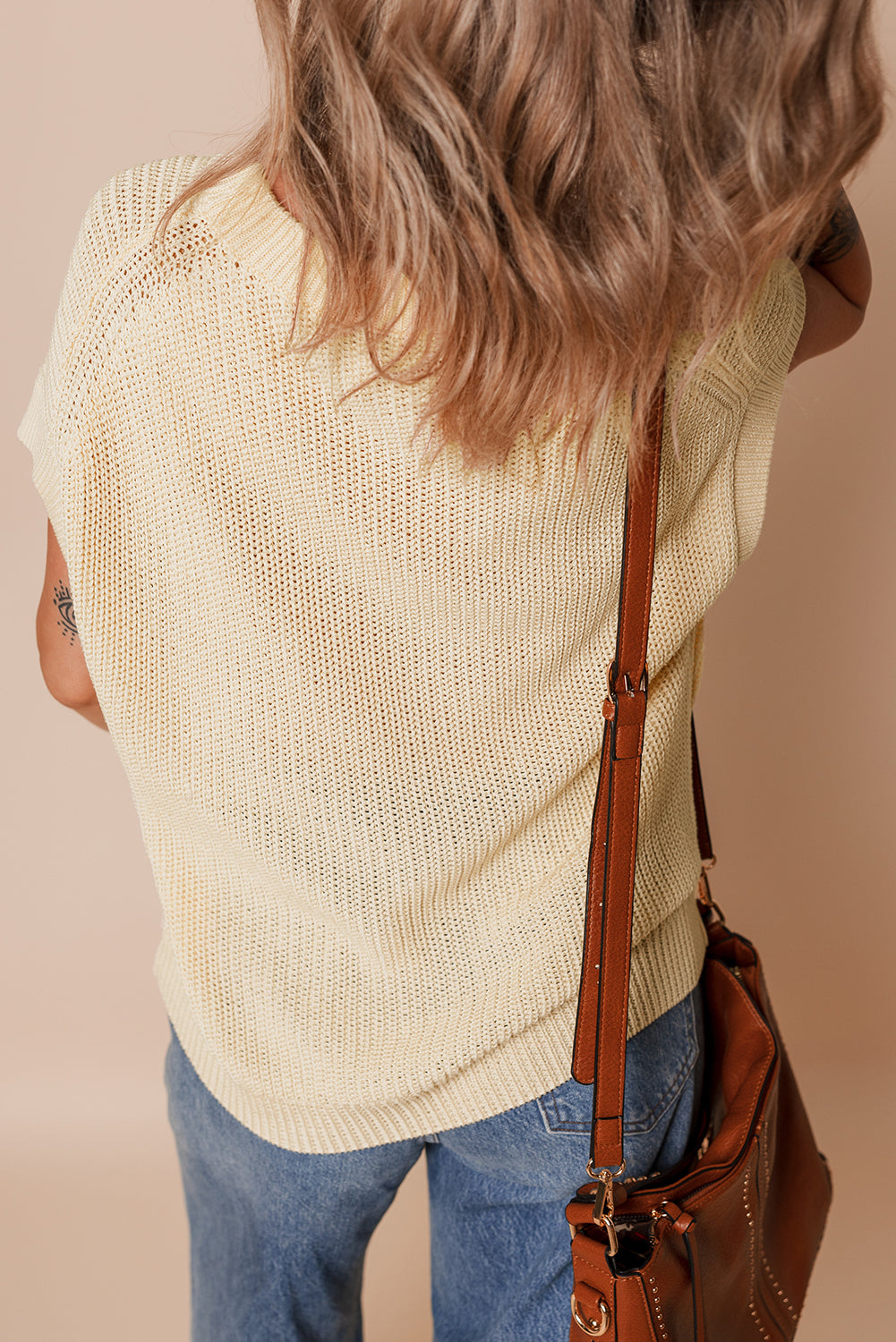 Oatmeal Solid Color Batwing Short Sleeve Round Neck Knit T Shirt