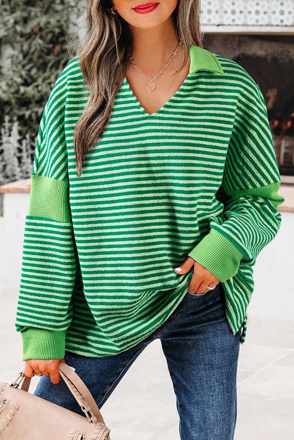 Green Stripe Turn-Down V Neck Patchwork Loose Top