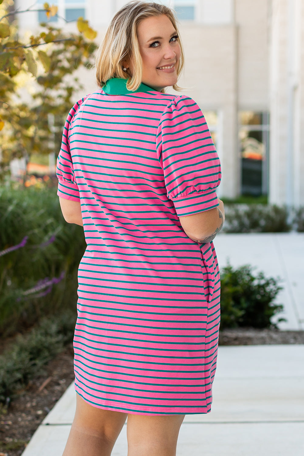 Rose Stripe Collared V Neck Puff Sleeve Shift T Shirt Dress with Pockets