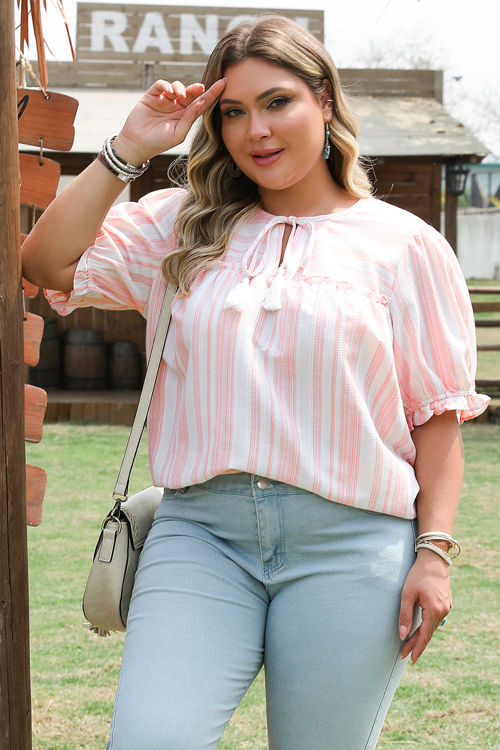 Pink Stripe Plus Size Tassel Tie Frilled Detail Short Sleeve Blouse