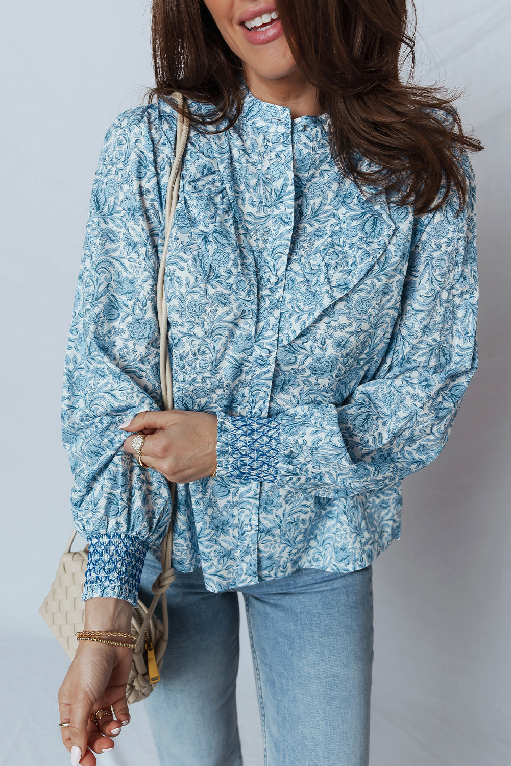 Sky Blue All Over Floral Puff Sleeve Shirt