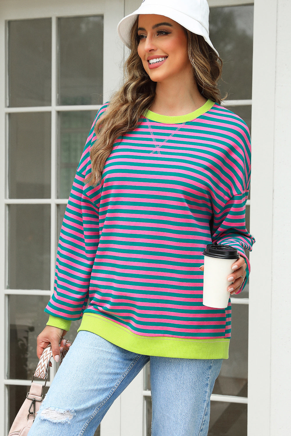 Rose Stripe Contrast Ribbed Trim Crossed Stitch Drop Shoulder Sweatshirt