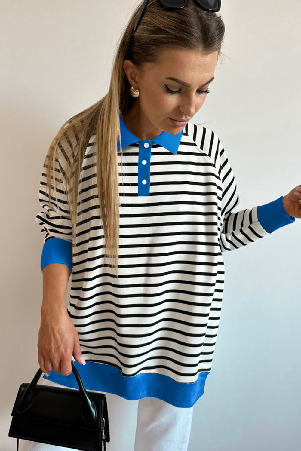 Black Stripe Color Block Patchwork Button Polo Collar Side Slit Sweatshirt