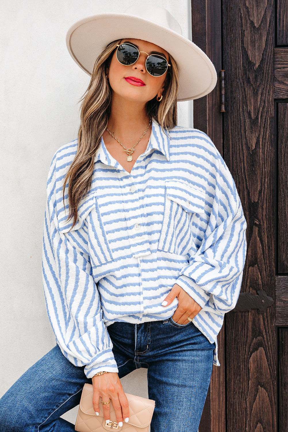 Sky Blue Stripe Half Button Collared Chest Pockets Loose Fit Blouse