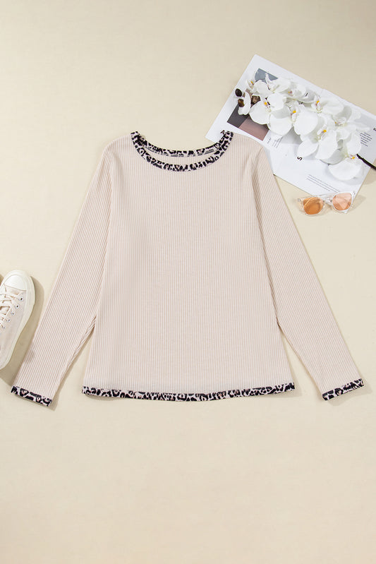 Parchment Ribbed Contrast Leopard Edge Round Neck Plus Knit Top