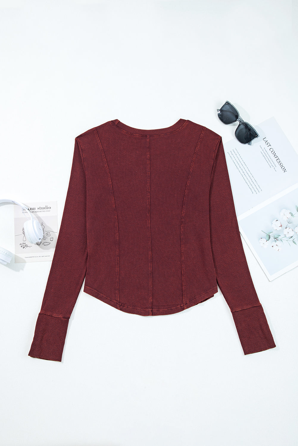 Burgundy Exposed Seam Ribbed Long Sleeve Top