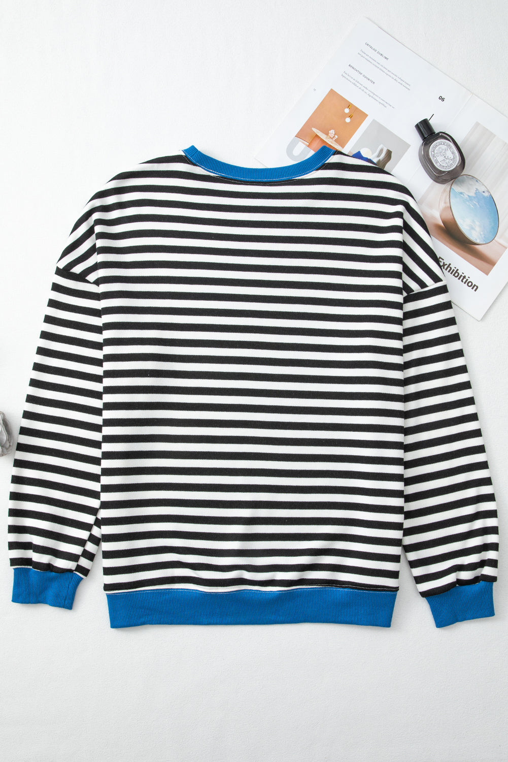 White Stripe Striped Contrast Ribbed Trim Crossed Stitch Drop Shoulder Sweatshirt