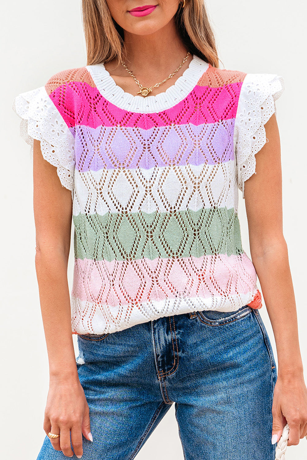 Rose Stripe Colorblock Hollowed Knit Scallop Edge Sweater Vest