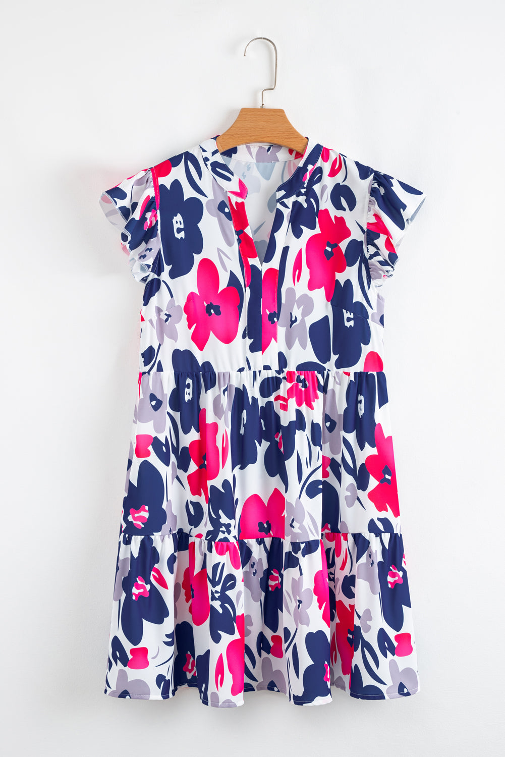 Fashion Floral Print Notched Neck Flutter Sleeve Mini Dress