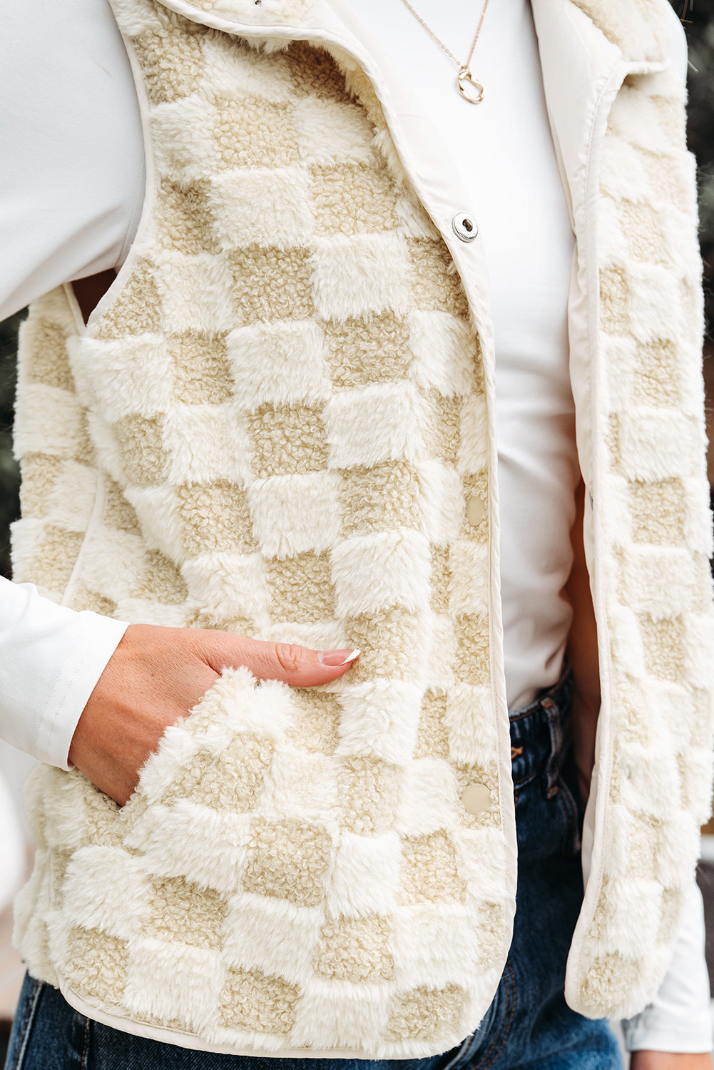 Khaki Sherpa Checkerboard Snap Button Vest Jacket With Pocket