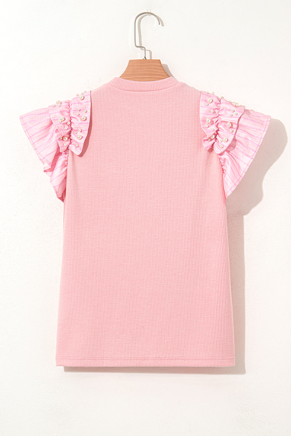 Light Pink Pearl Beaded Ruffle Short Sleeve Patchwork Ribbed Blouse