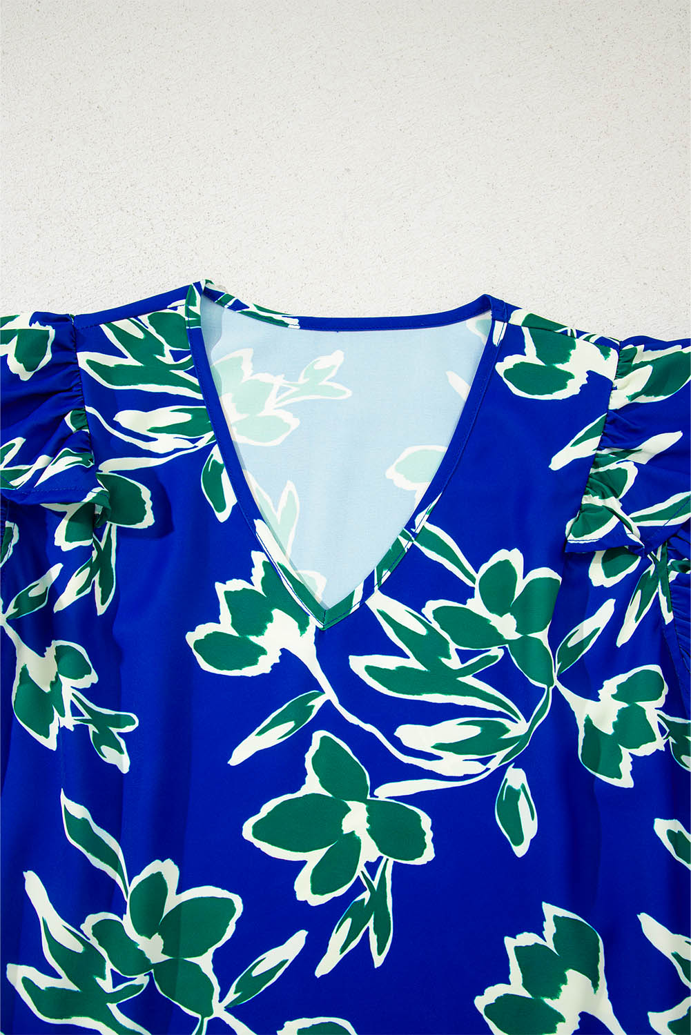 Blue V Neck Floral Print Double Ruffled Short Sleeve Blouse