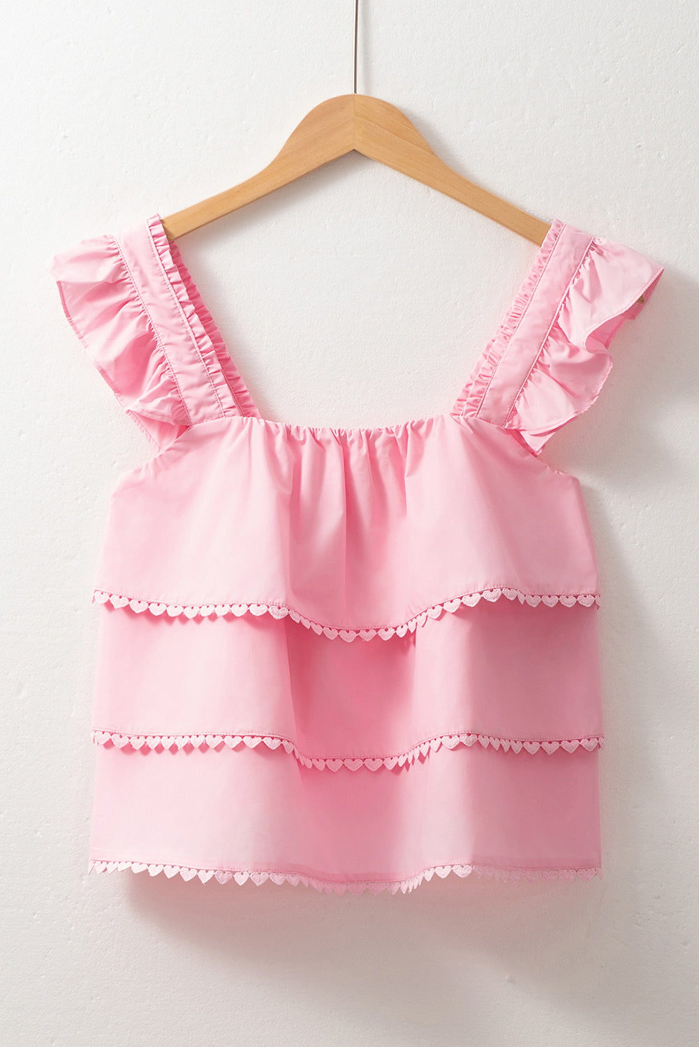 Pink Tiered Heart Trim Square Neck Flutter Top