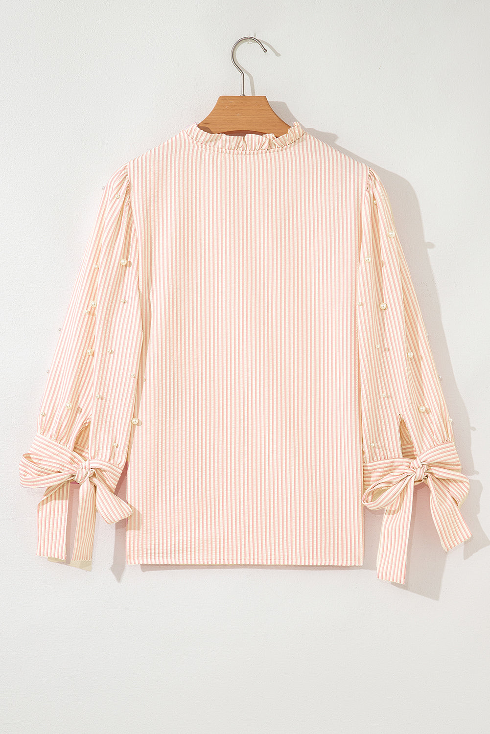Pink Stripe Bow Knot Cuff Pearl Embellished Puff Sleeve V Neck Blouse