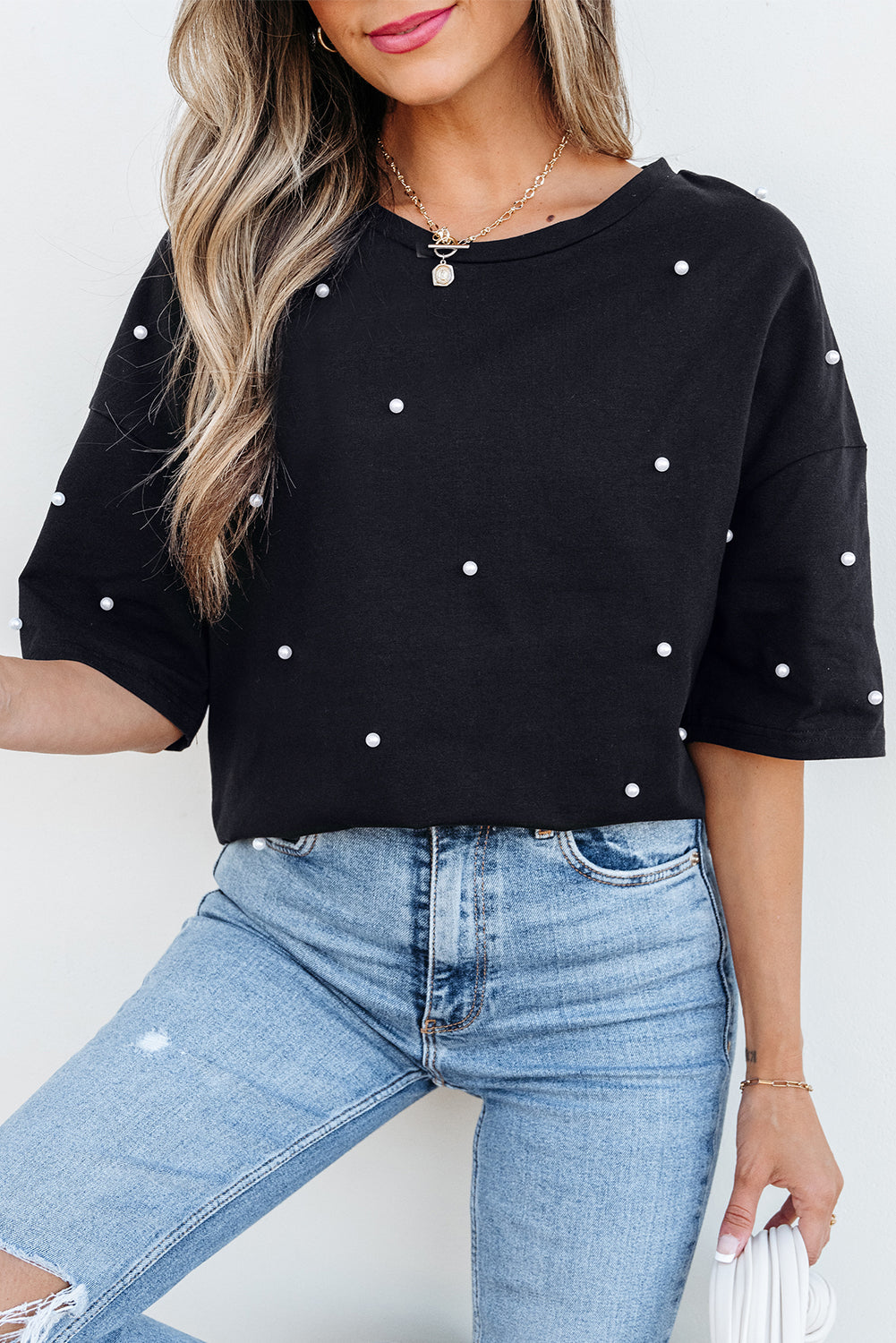 Black Pearl Beaded Drop Shoulder Crewneck T Shirt