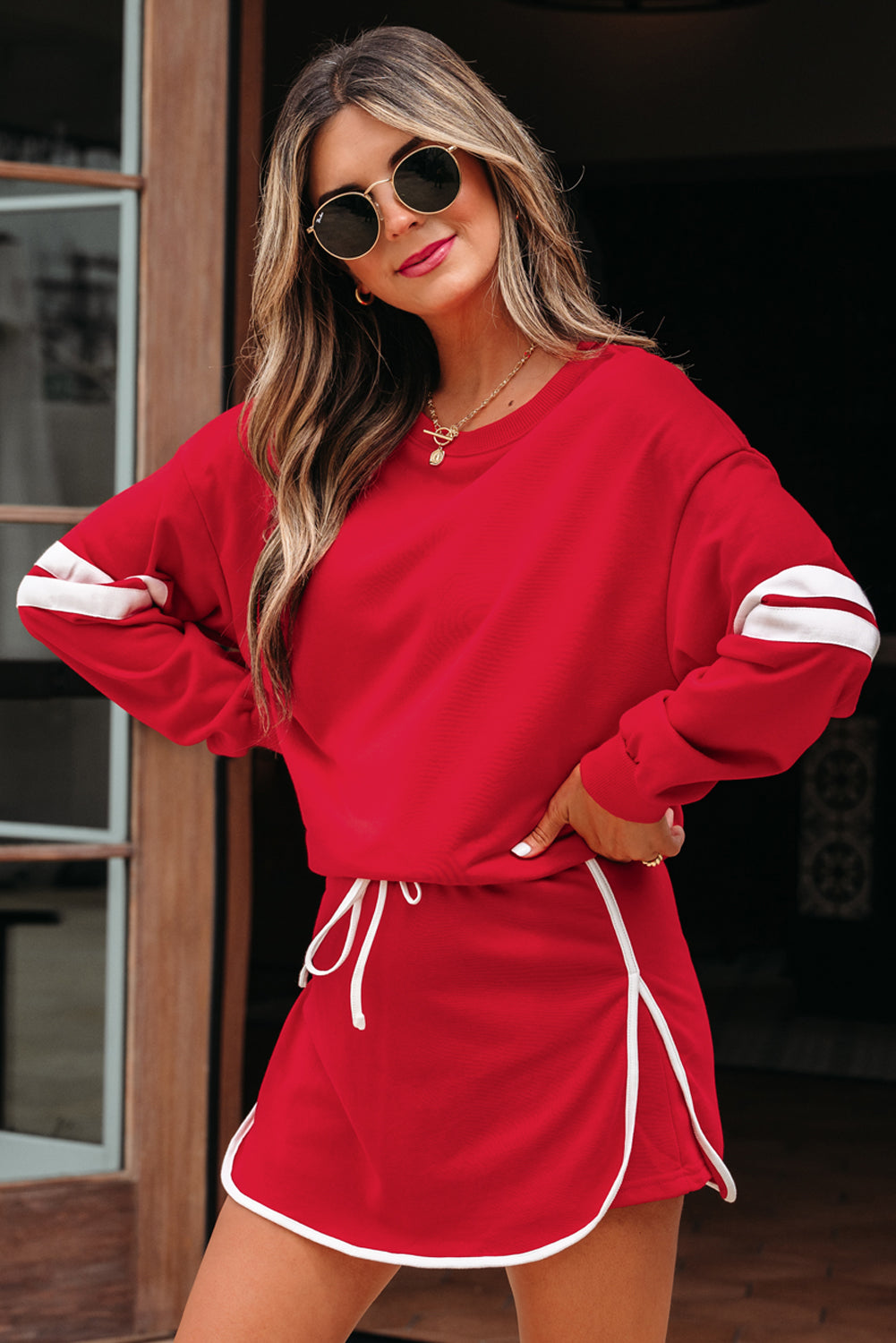 Fiery Red Varsity Stripe Detail Drop Shoulder Pullover Mini Skirt Set