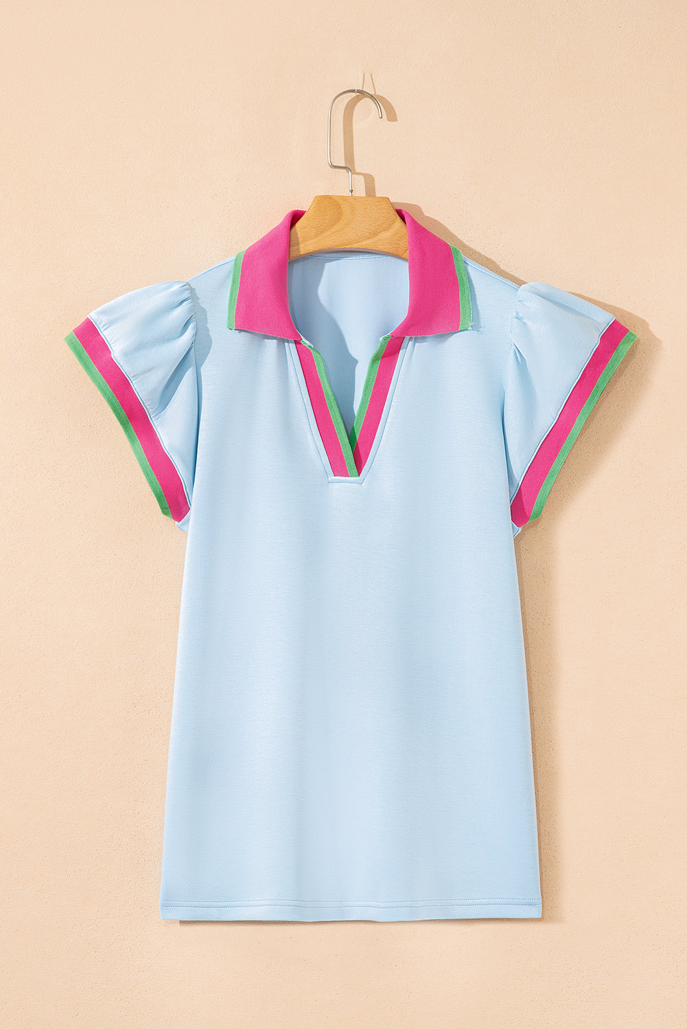 Beau Blue Color Contrast Ruffled Sleeve Collared V Neck Blouse