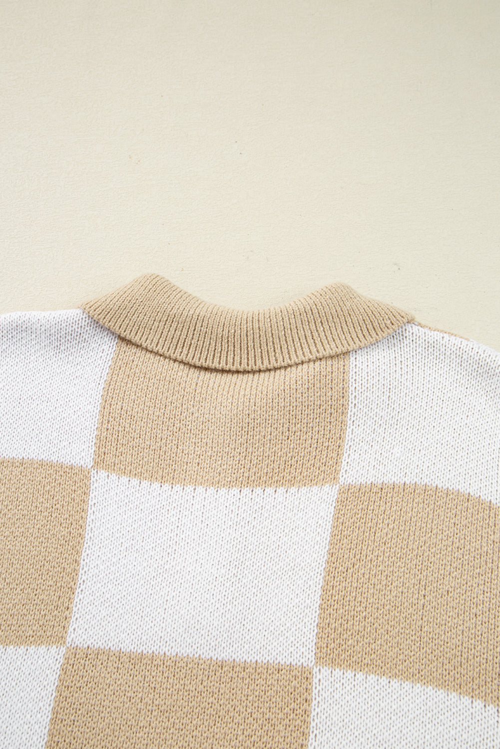 Light French Beige Checkered Pattern Polo Collar Loose Sweater