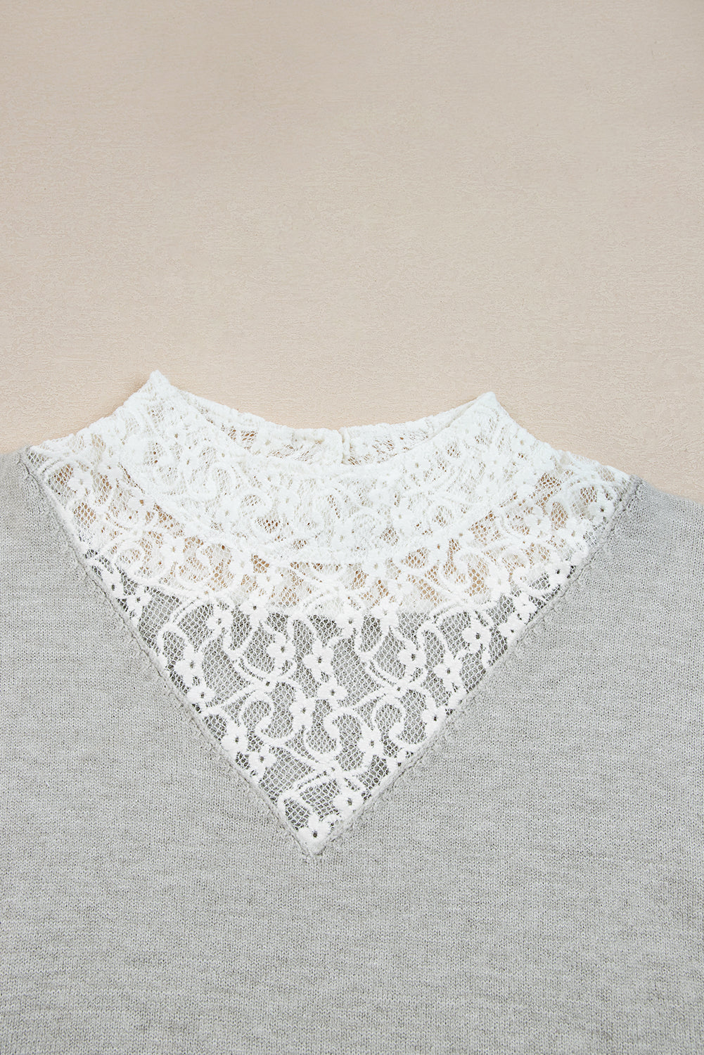 Light Grey Button Keyhole Lace Patchwork Drop Shoulder Sweater