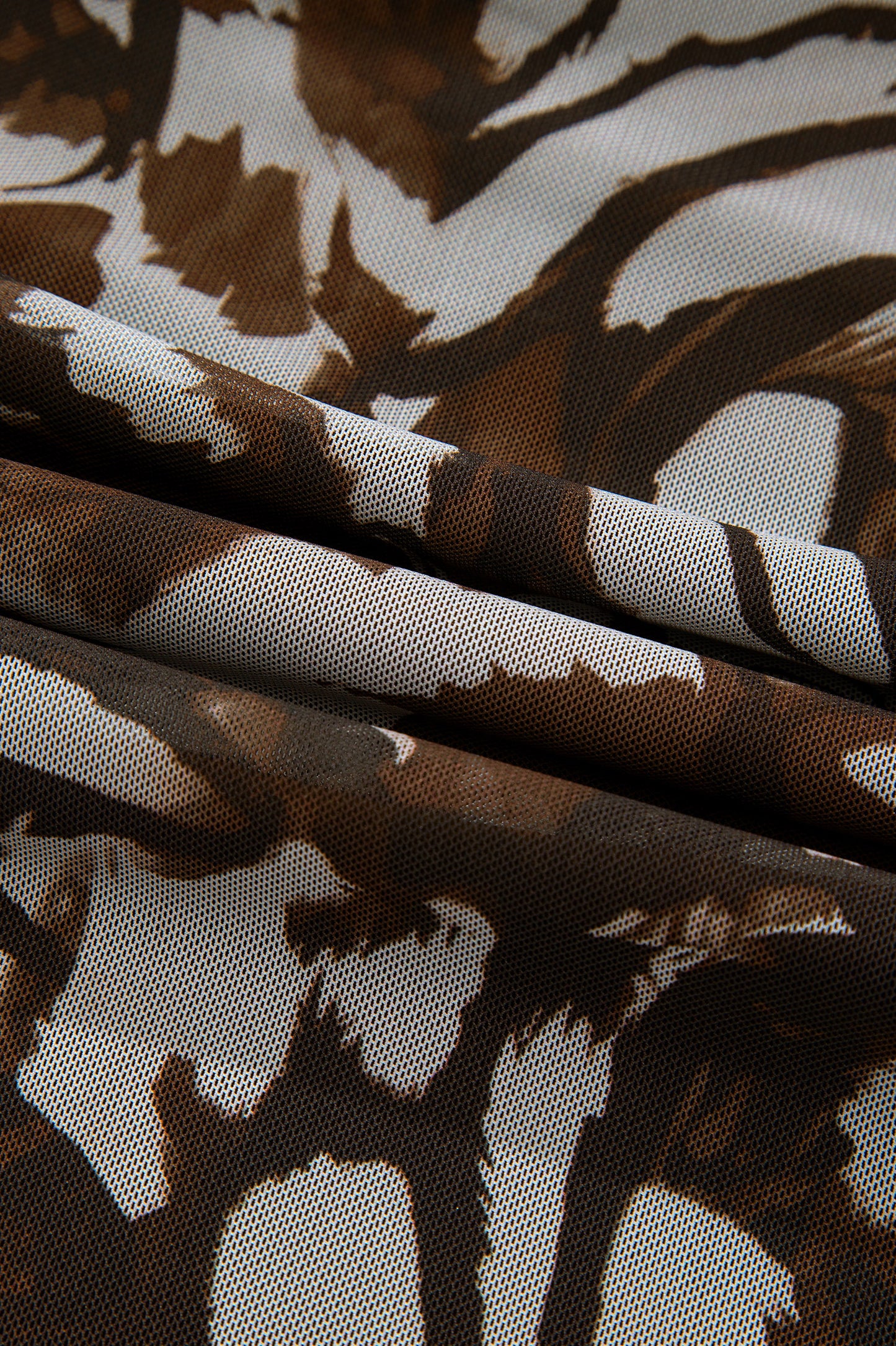 Brown Abstract Print Mesh Cowl Neck Cap Sleeve Ruched Midi Dress with Slit