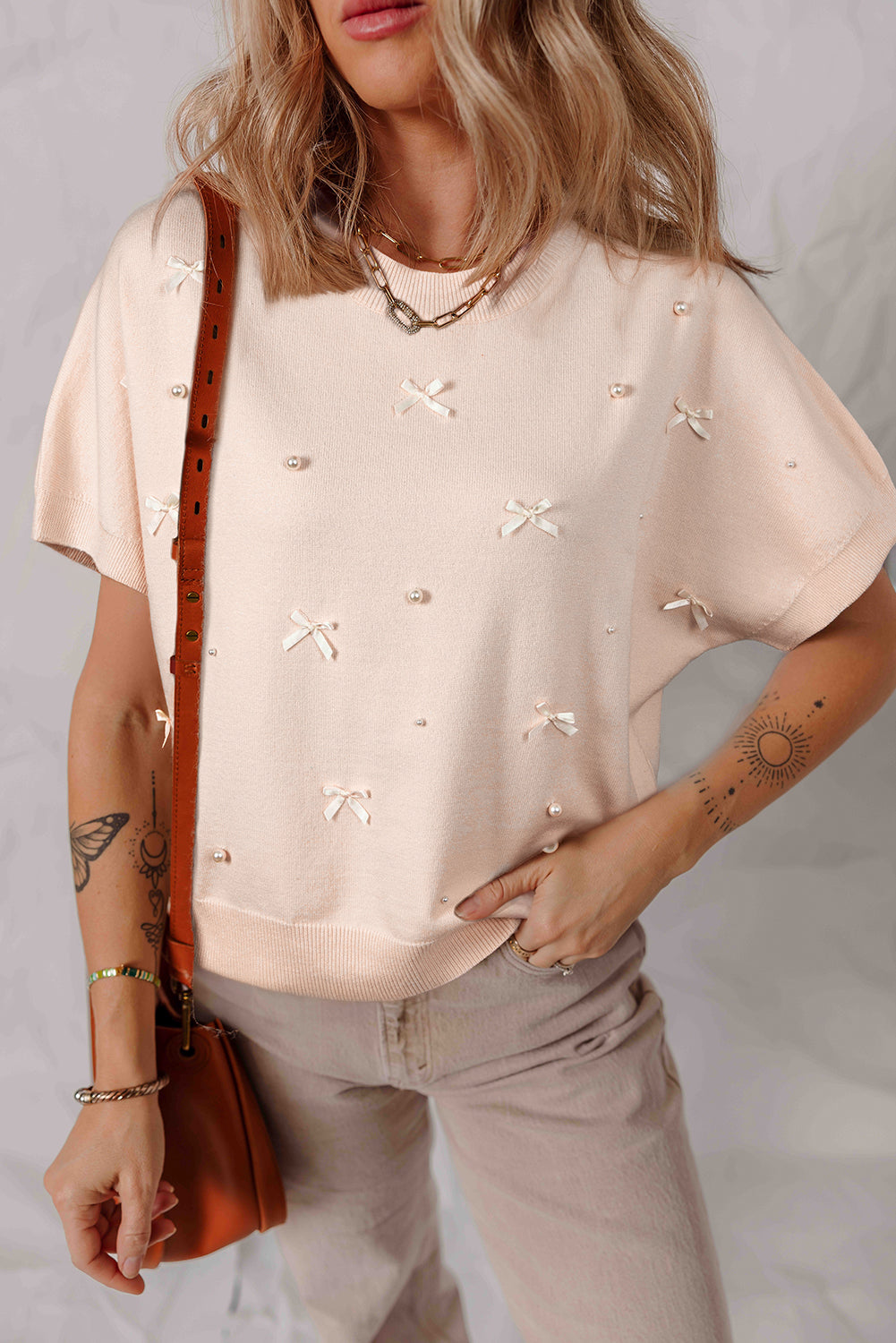 Oatmeal Pearl Bow Embellished Dolman Short Sleeve Sweater
