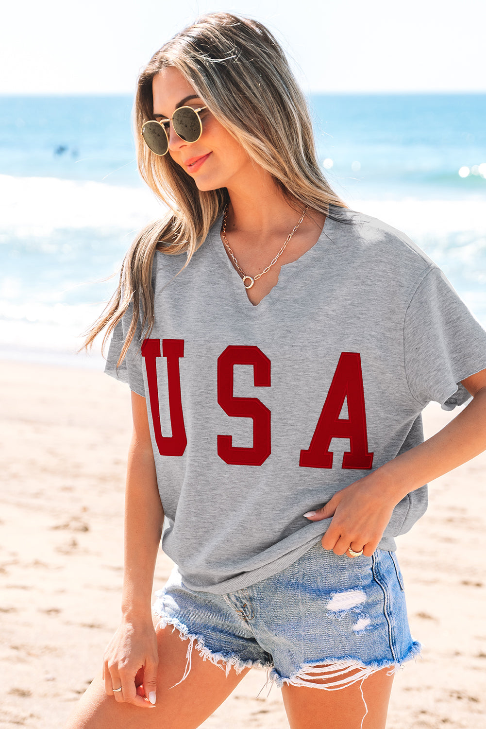 Light Grey USA Lettering Patch Notched Neck Loose Tee