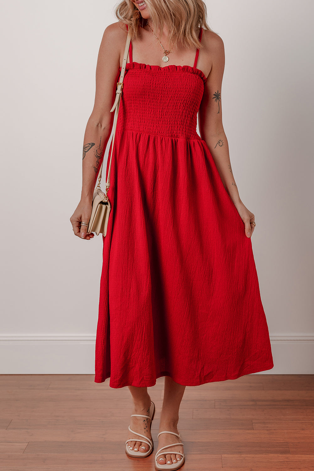 Racing Red Textured Shirred Ruffled Trim Spaghetti Strap Midi Dress