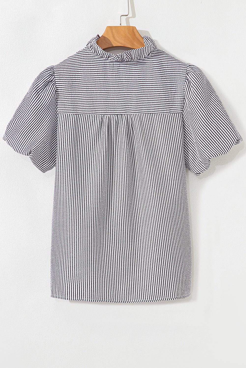 Black Striped Ruffle Short Bubble Sleeve Shirt