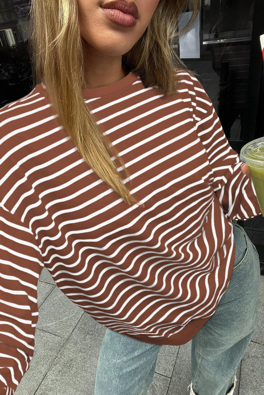 Coffee Striped Long Sleeve Round Neck Loose Top