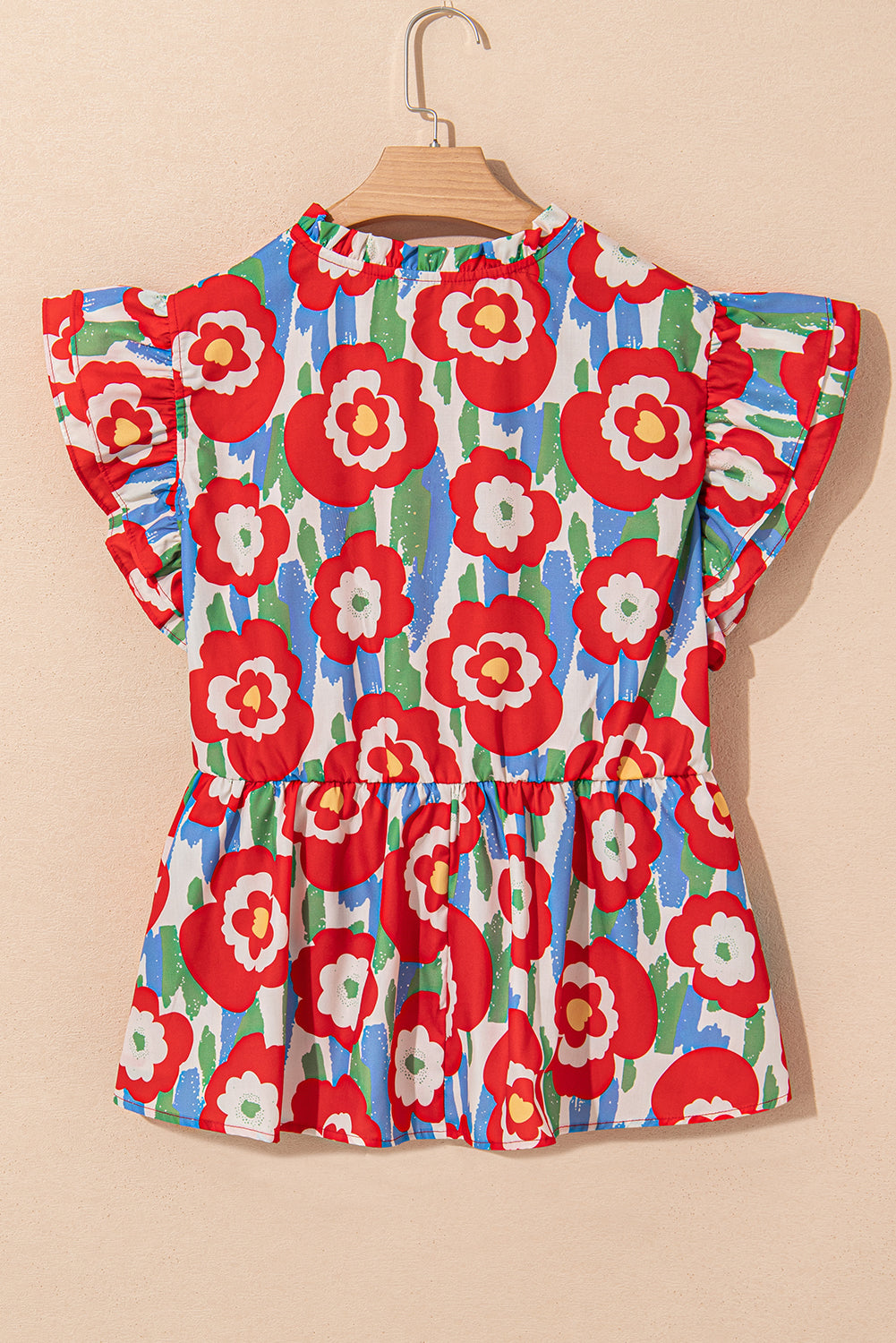 Red Plus Size Floral Print Ruffle Trim Split Neck Peplum Top