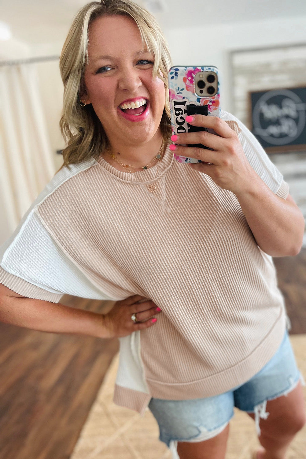 Carrot Twist Rib Colorblock Hi Low Plus Size Short Sleeve Top