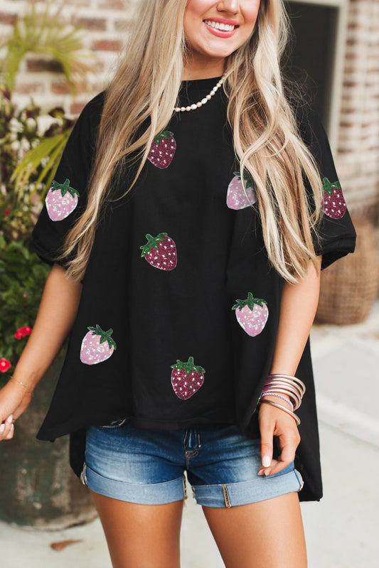 Black Sequin Strawberry Graphic High Low Relaxed Fit Tee