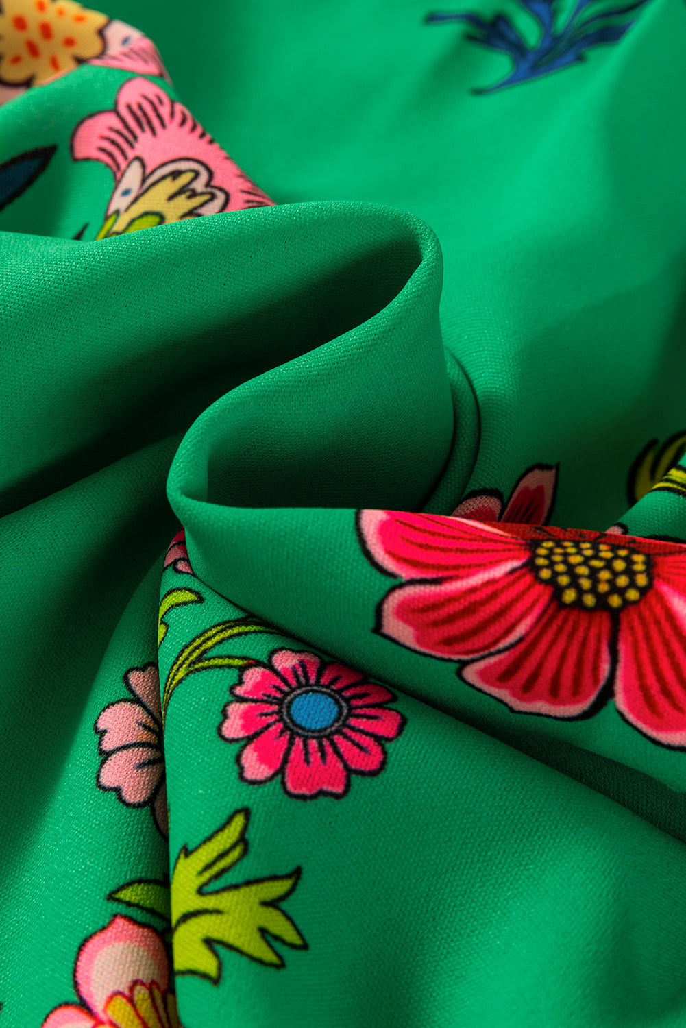 Green Floral Print Flutter Sleeve Frilly Neck Blouse