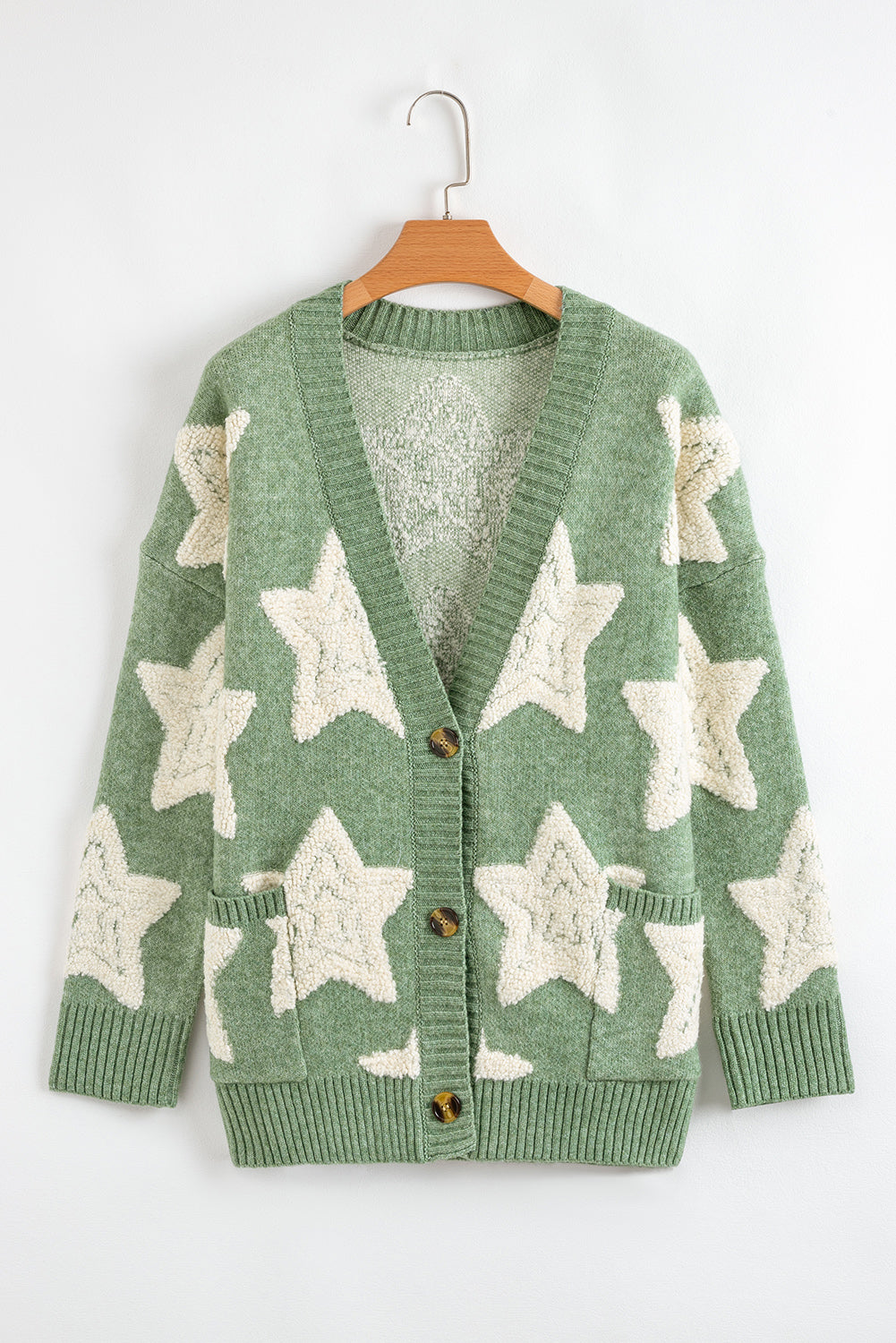 Green Sherpa Star Pattern Textured Sweater Cardigan with Pockets