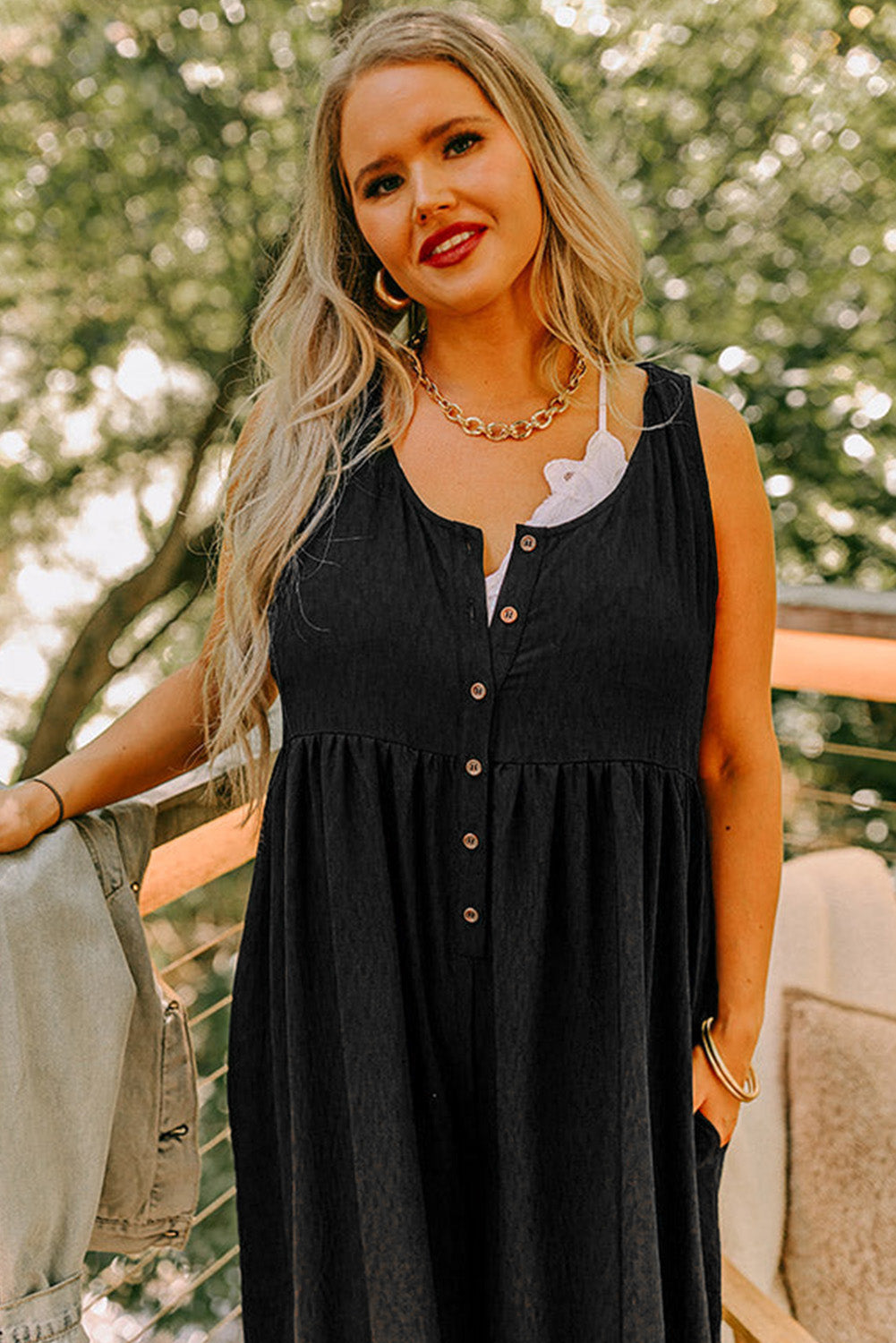 Black Plus Size Sleeveless Button Front Loose Jumpsuit
