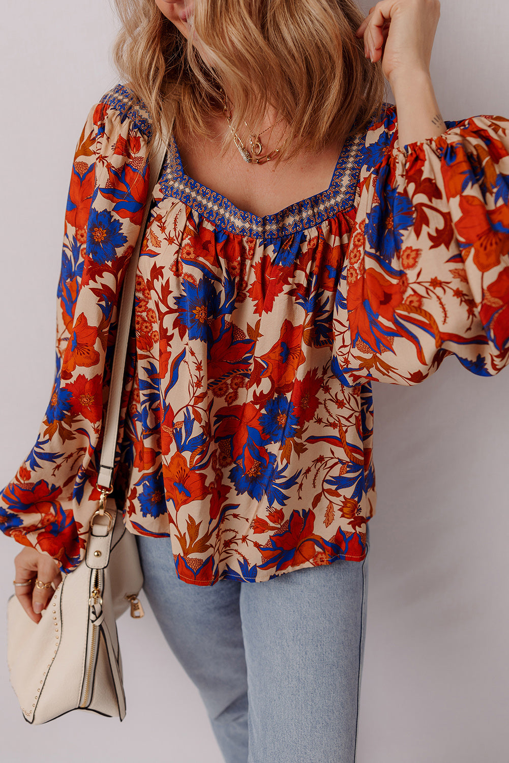 Multicolour Floral Print Square Neck Backless Loose Fit Blouse