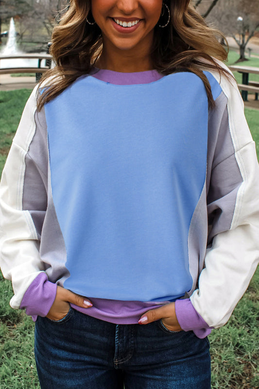 Blue Exposed Seam Colorblock Patchwork Ribbed Trim Pullover Sweatshirt