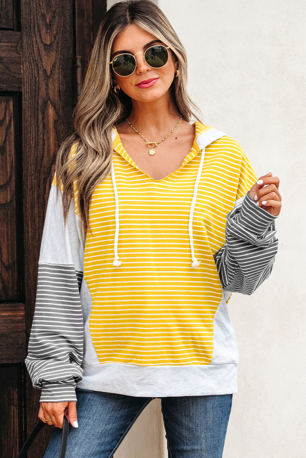 Yellow Stripe Color Block Drawstring V Neck Loose Fit Hooded Top