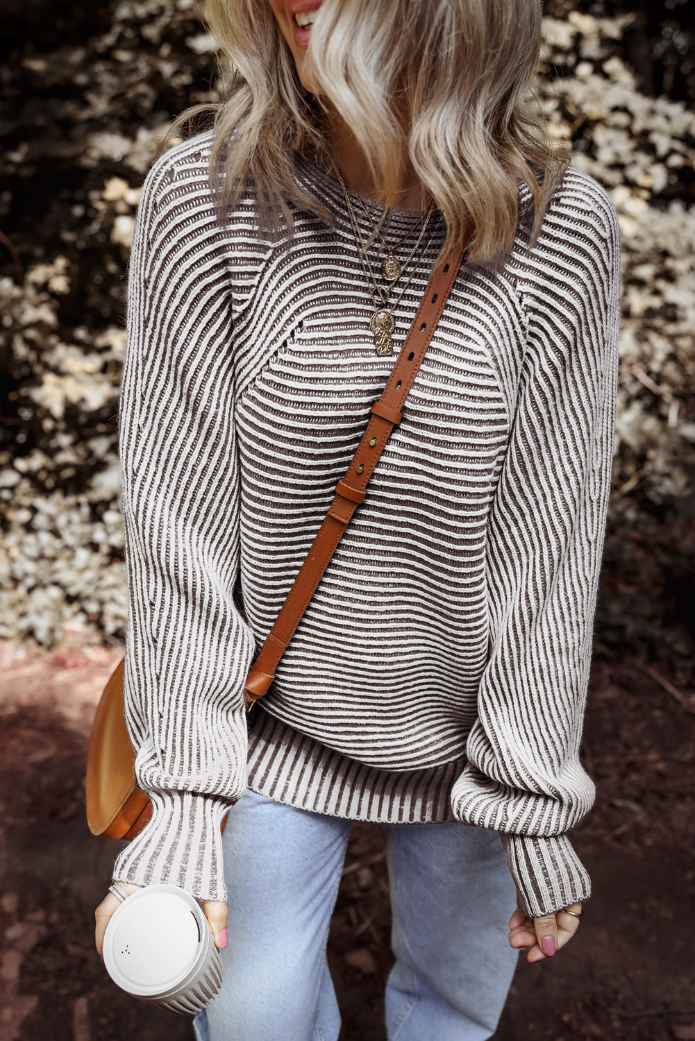 Coffee Striped Print Ribbed Knit Boat Neck Baggy Sweater